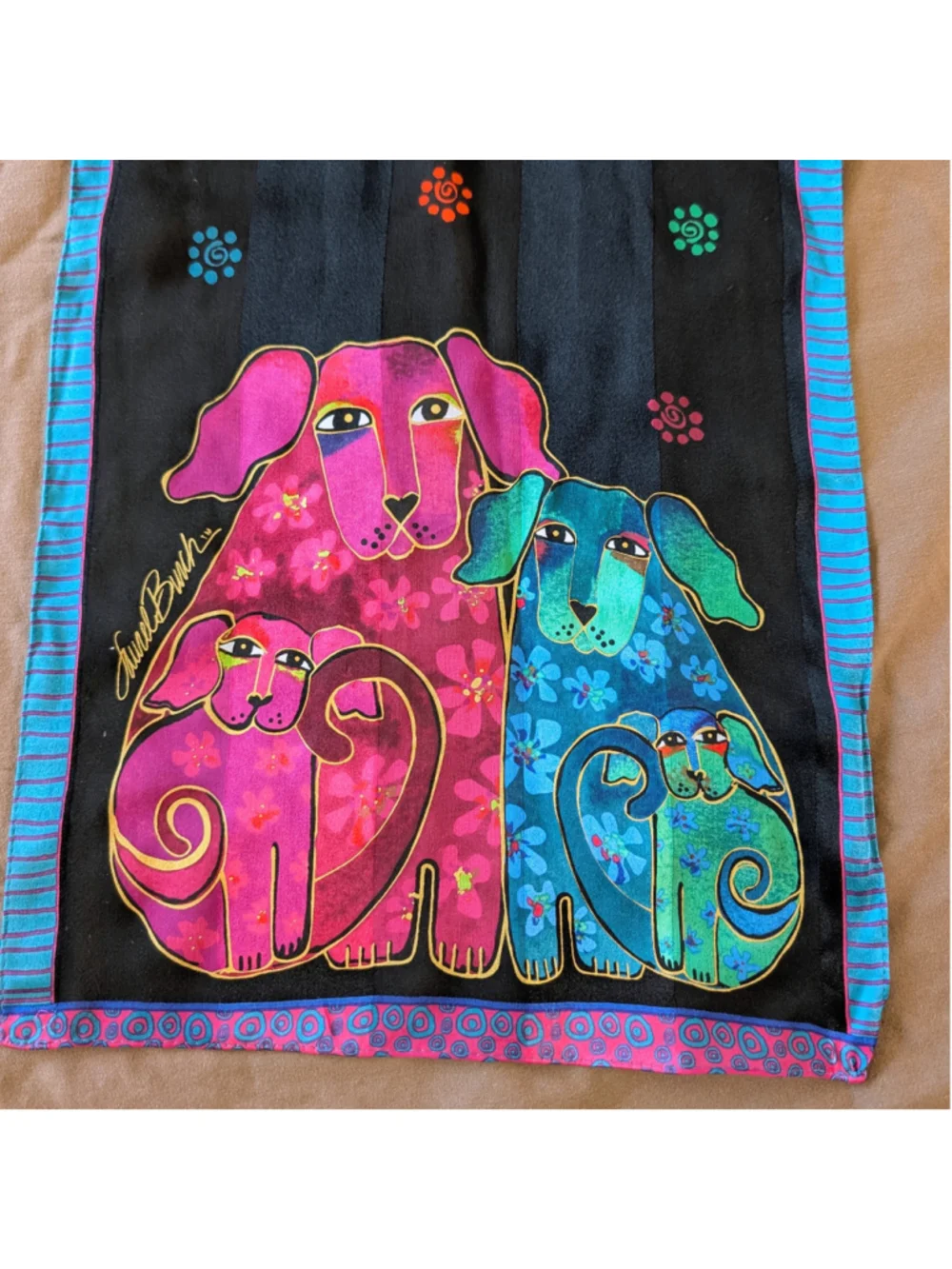 Laurel Burch 100% Silk Dog Scarf Wearable Art Colorful Long Oblong Wrap 52”